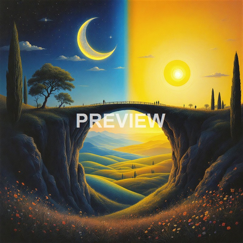 An artistic landscape featuring a bridge over a valley with rolling hills, illuminated by a bright sun on one side and a crescent moon and stars in the sky on the other, with trees and flowers in the foreground.